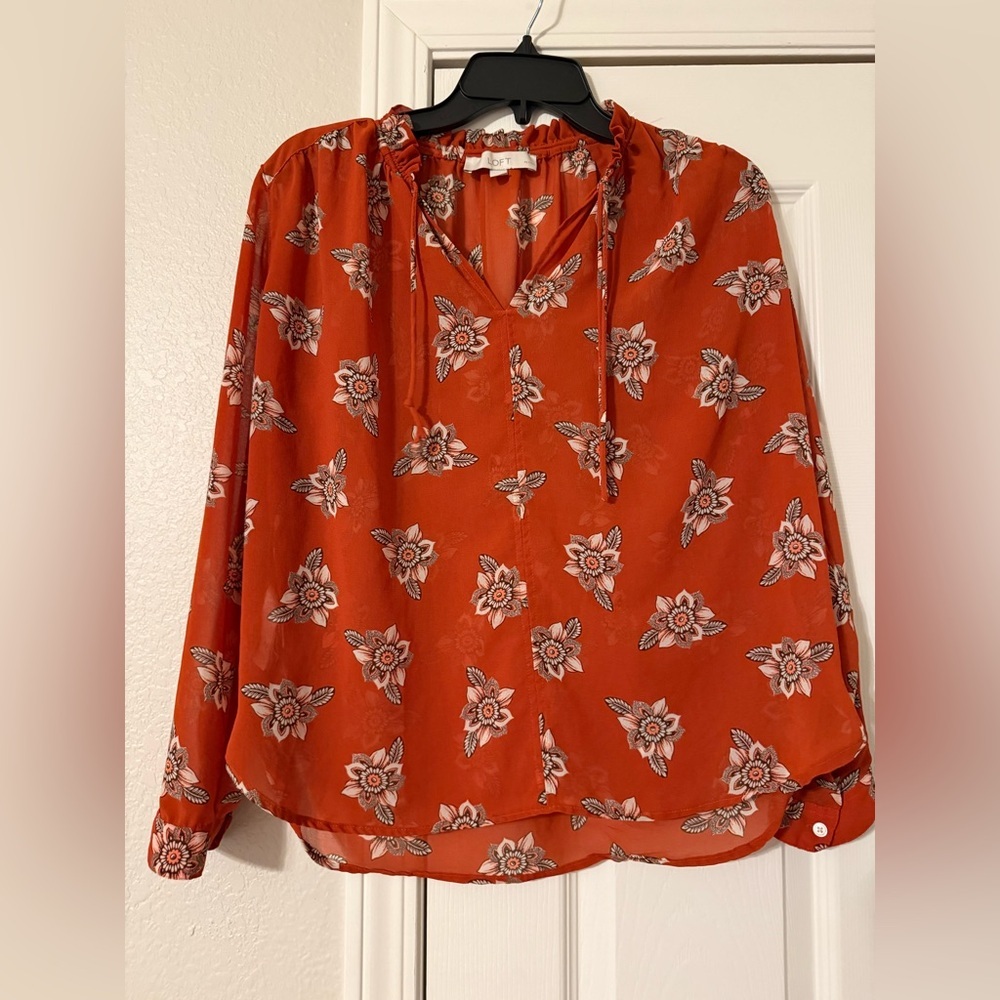 LOFT Red Floral Blouse with Tie Neck